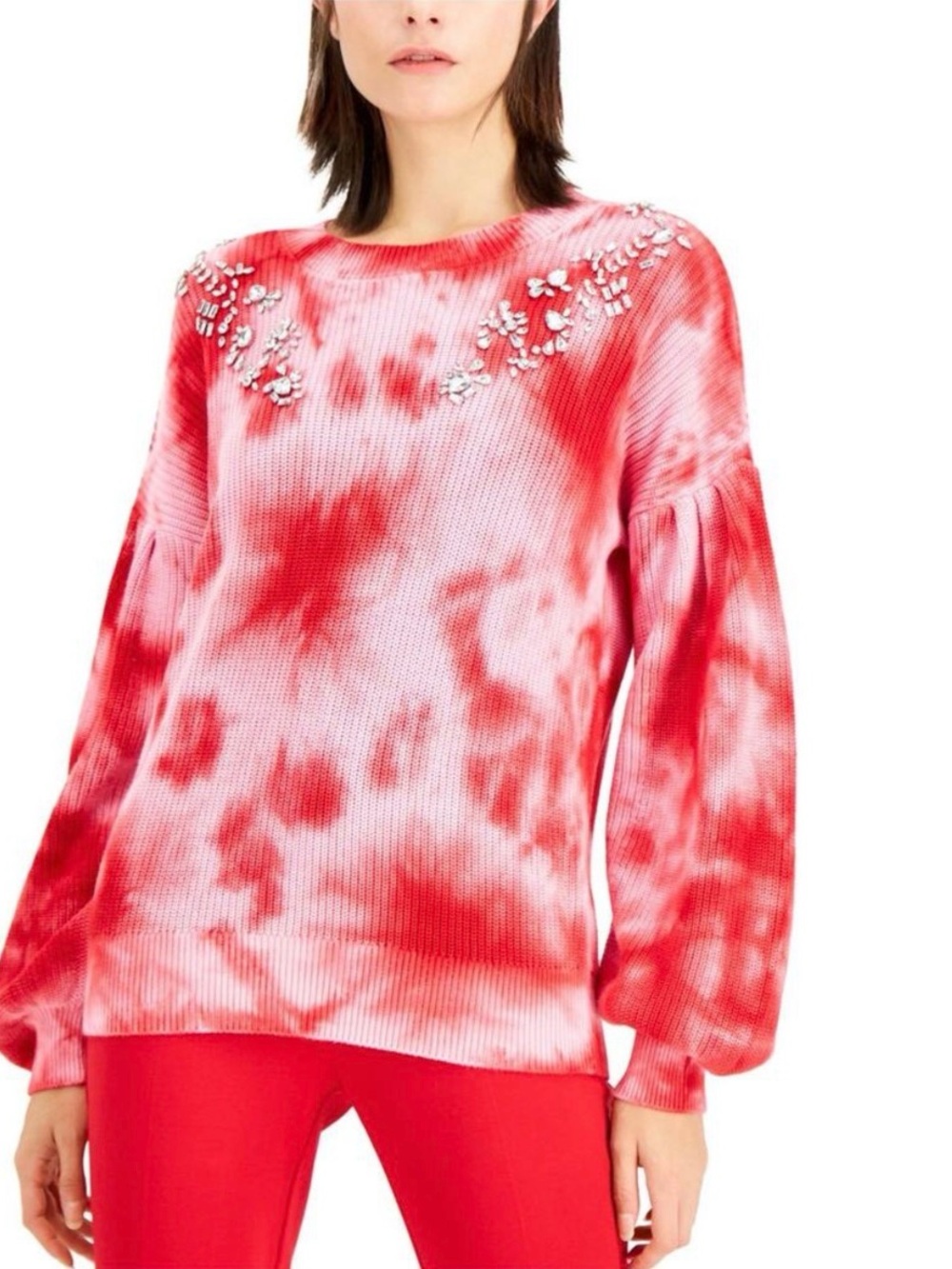 INC International Concepts Coral Tie-Dye Embellished Sweater